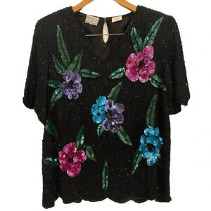 Stenay Vintage 80s Sequin Flower Print V- Neck Top